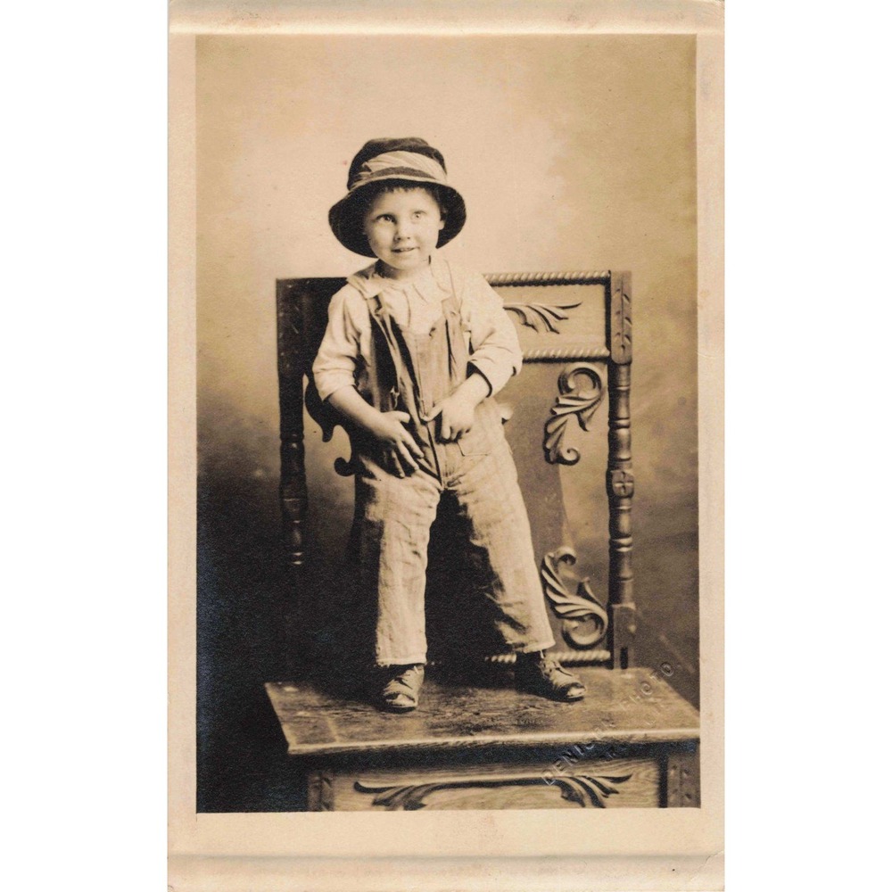 Antique RPPC Real Photo Postcard Young Boy Overalls Hat Studio VG - Picture 1 of 2